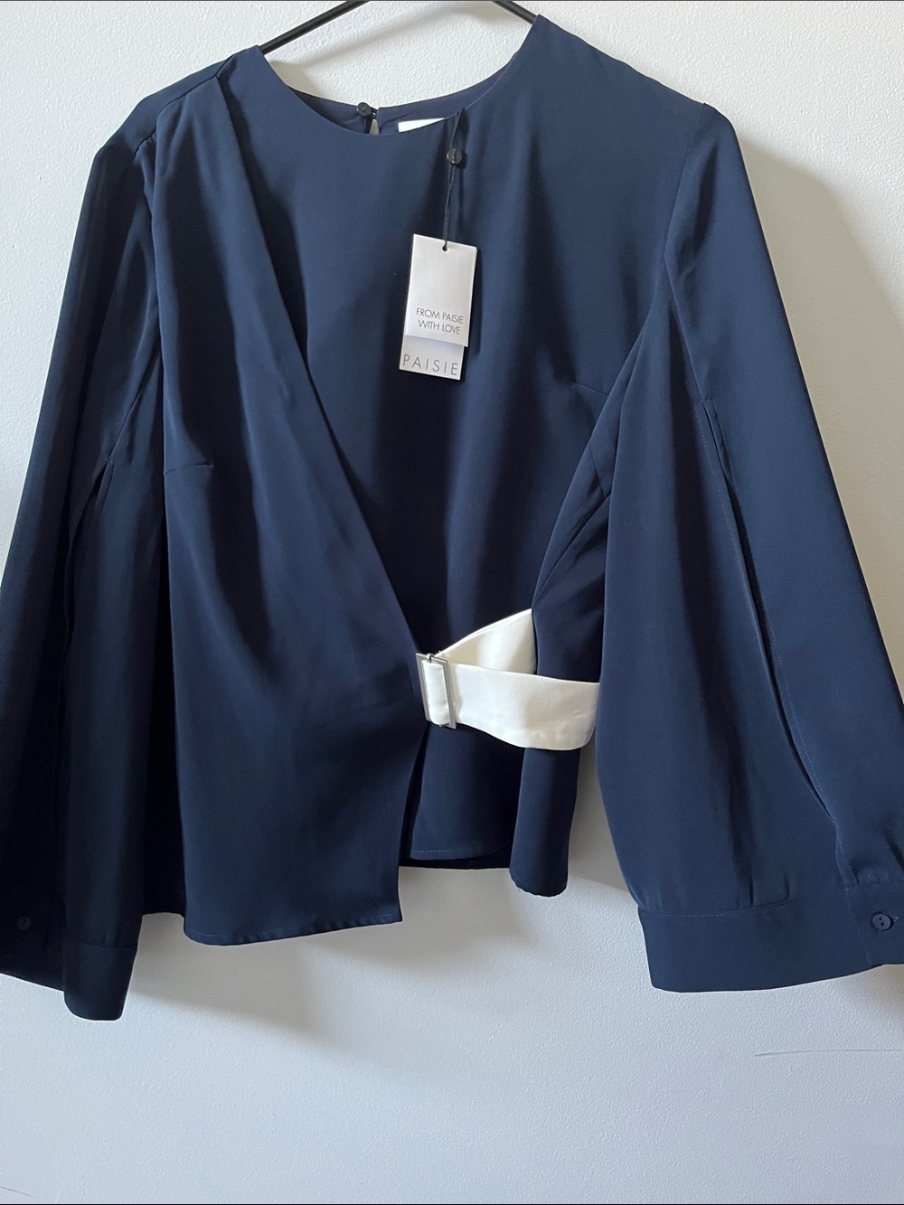 Paisie navy blue wrap flare sleeve blouse sophisticated nautical business casual